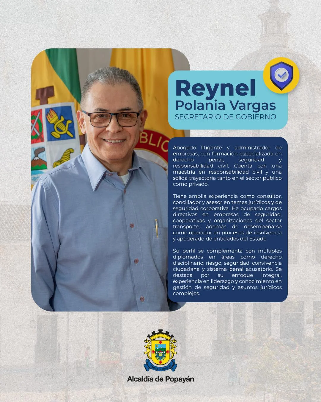 Como nuevo secretario de Gobierno del municipio de Popayán, asume el coronel en uso de buen retiro, Reynel Polania Vargas, con un enfoque claro: prevención, control y trabajo articulado para proteger a la ciudadanía y fortalecer la convivencia en Popayán.