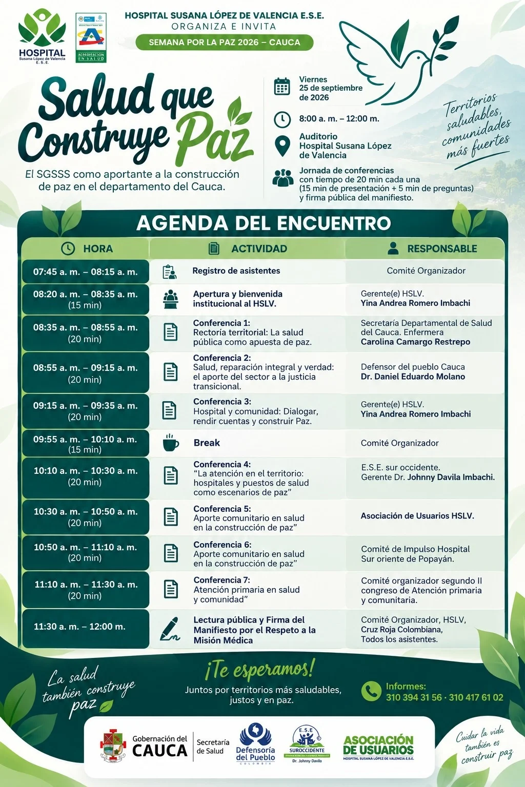 El Hospital Susana López de Valencia E.S.E. invita a los medios de comunicación a acompañarnos en el encuentro “Salud que Construye Paz”, en el marco de la Semana por la Paz 2026, un espacio de diálogo sobre el aporte del sector salud a la construcción de paz en el Cauca.