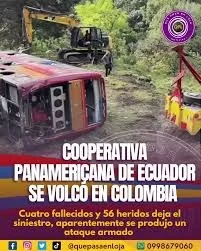 Delincuentes iban a asaltar el transporte intermunicipal que había salido del sur del país. Serpress-Cauca Una tragedia se registró en la vía Panamericana el fin de semana, en el departamento del Cauca, luego del volcamiento de un autobús de dos pisos que cubría una ruta internacional con destino a Tumbes, Perú.